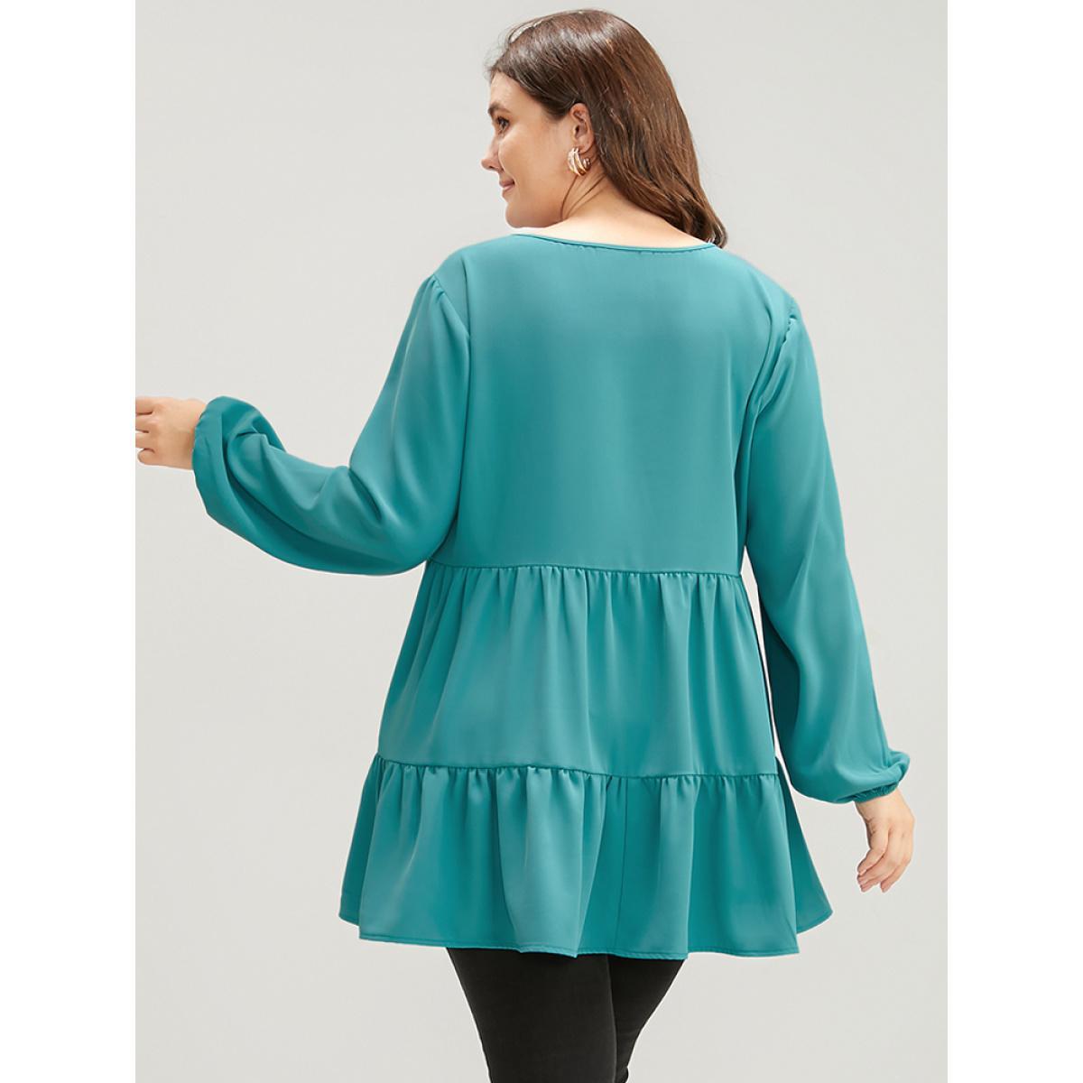Plus Size Aegean Solid V Neck Lantern Sleeve Ruffle Hem Blouse Without Belt Women Elegant Long Sleeve V-neck Dailywear Blouses BloomChic 28/5X Product Image