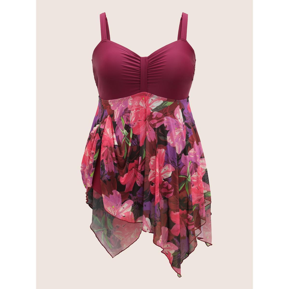 Plus Size Floral Patchwork Tummy Control Ruched Swim Dress Women's Swimwear RedViolet Beach Bodycon Heart neckline High stretch Curve Swim Dresses BloomChic 14-16/1X Product Image
