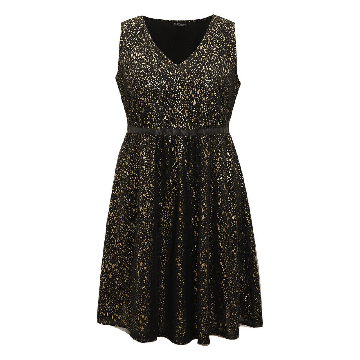 Plus Size Leopard Glitter Pocket Mesh Ribbon Tank Dress Black Women Party Ribbon V-neck Sleeveless Curvy Knee Dress BloomChic 10/M Product Image