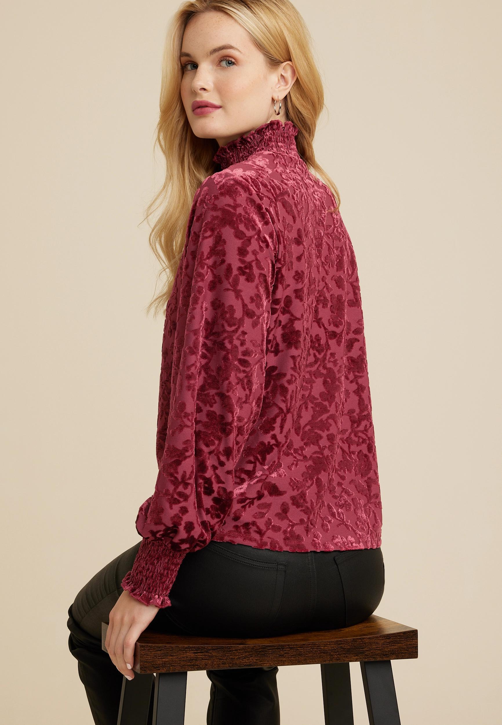 Velvet Floral Burnout Mock Neck Top Product Image