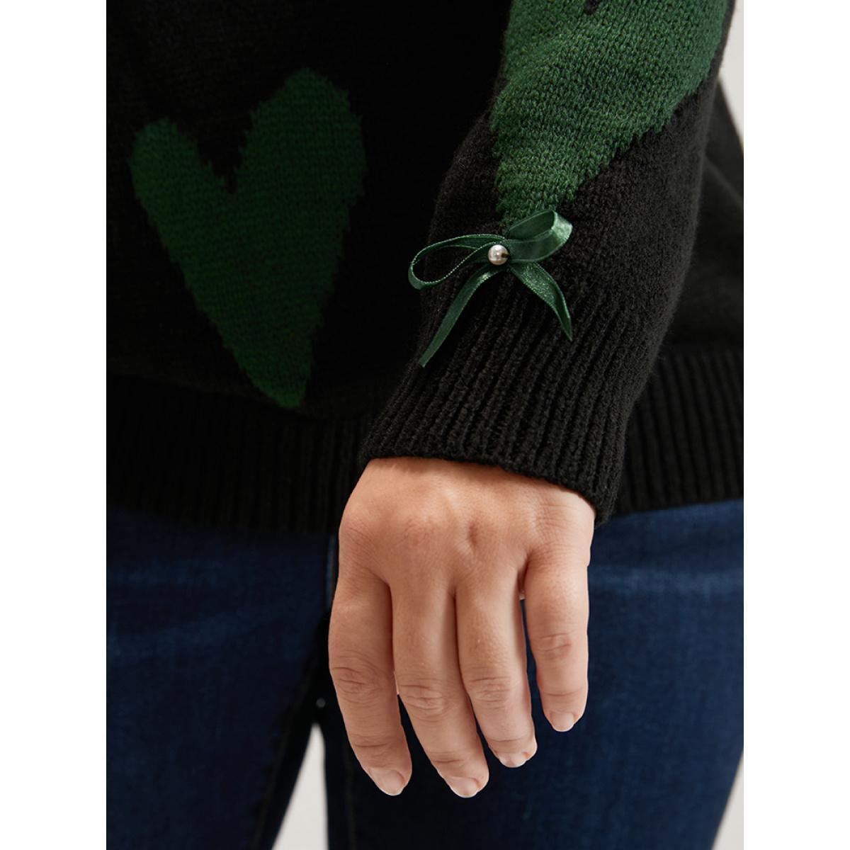 Plus Size Heart Print Contrast Pointelle Knit Bowknot Beaded Knit Top Black Women Elegant Long Sleeve Round Neck Dailywear Pullovers BloomChic 26/4X Product Image