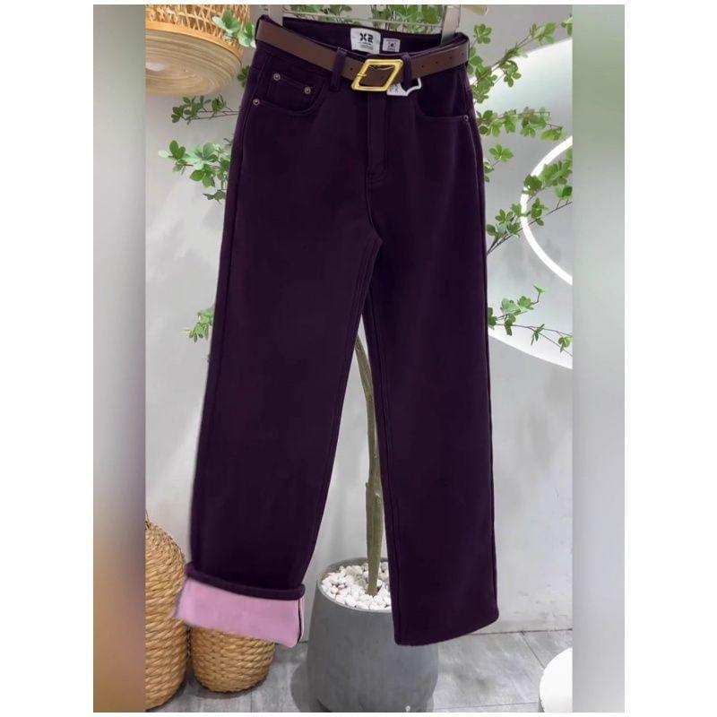 High Rise Plain Fleece Lined Straight Leg Pants Product Image