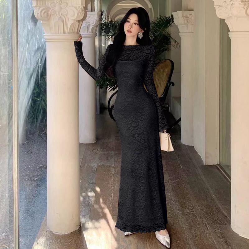 Set: Long-Sleeve Crew Neck Lace Mermaid Maxi Dress + Slipdress Product Image