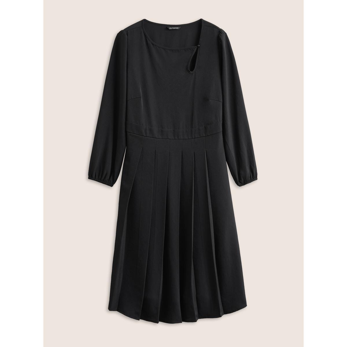 Plus Size Anti-Wrinkle Asymmetrical Neck Keyhole Pleated Hem Dress Black Women At the Office Non Asymmetrical Neck Long Sleeve Curvy Midi Dress BloomChic 14-16/1X Product Image