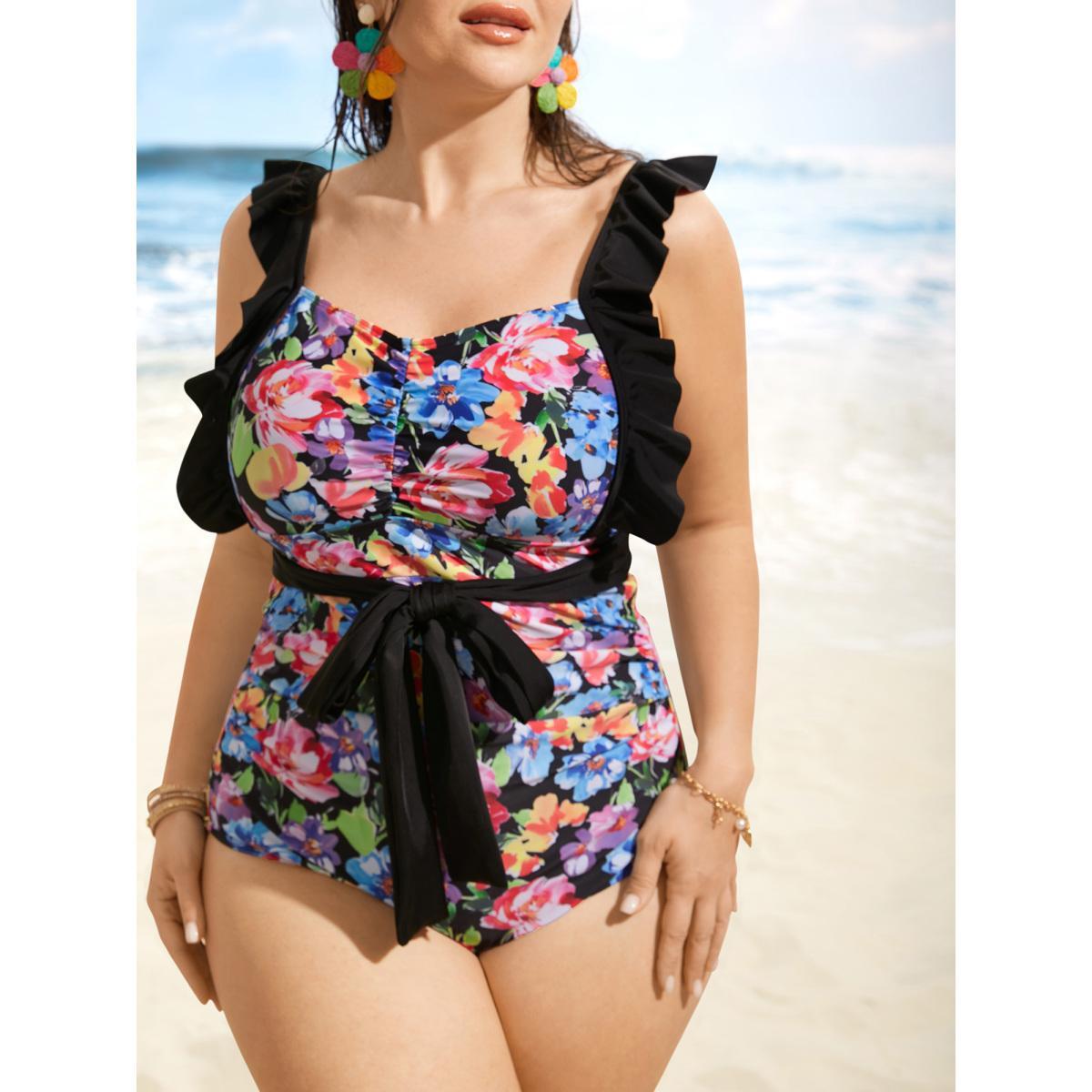 Plus Size Floral Contrast Tie Knot Ruffle Trim One Piece Swimsuit Women's Swimwear Black Beach Tie knot Curve Bathing Suits High stretch One Pieces BloomChic 30/6X Product Image