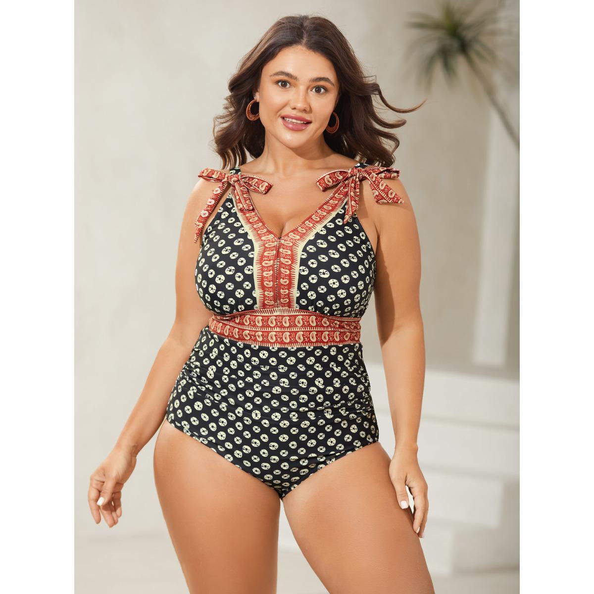 Plus Size Bandana Print Two Tone Knotted One Piece Swimsuit Women's Swimwear Black Beach Non Curve Bathing Suits No stretch One Pieces BloomChic 14-16/1X Product Image