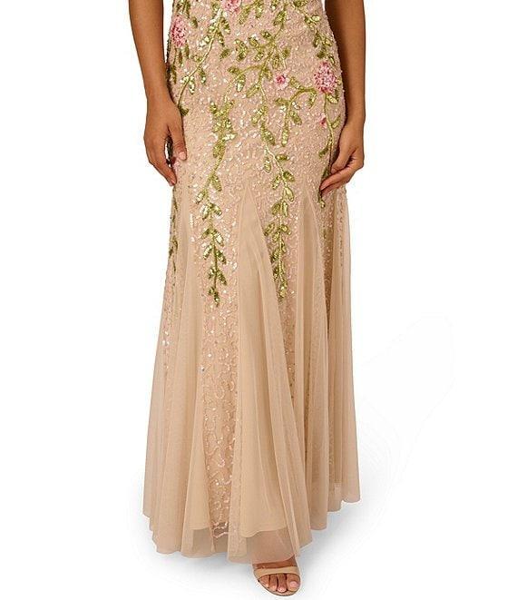 Adrianna Papell Floral Beaded Mesh V-Neck Flutter Sleeve Dress Product Image