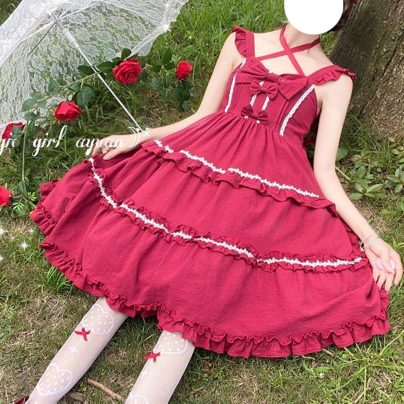Puff-Sleeve Bow Ruffled Midi Pinafore Dress / Petticoat Product Image
