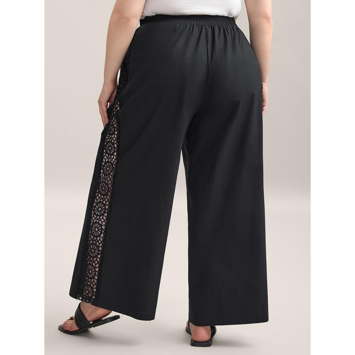 Plus Size Cotton Side Lace Wide-Leg Pants Women Black Resort Wide Leg Mid Rise Vacation Pants BloomChic 22-24/3X Product Image