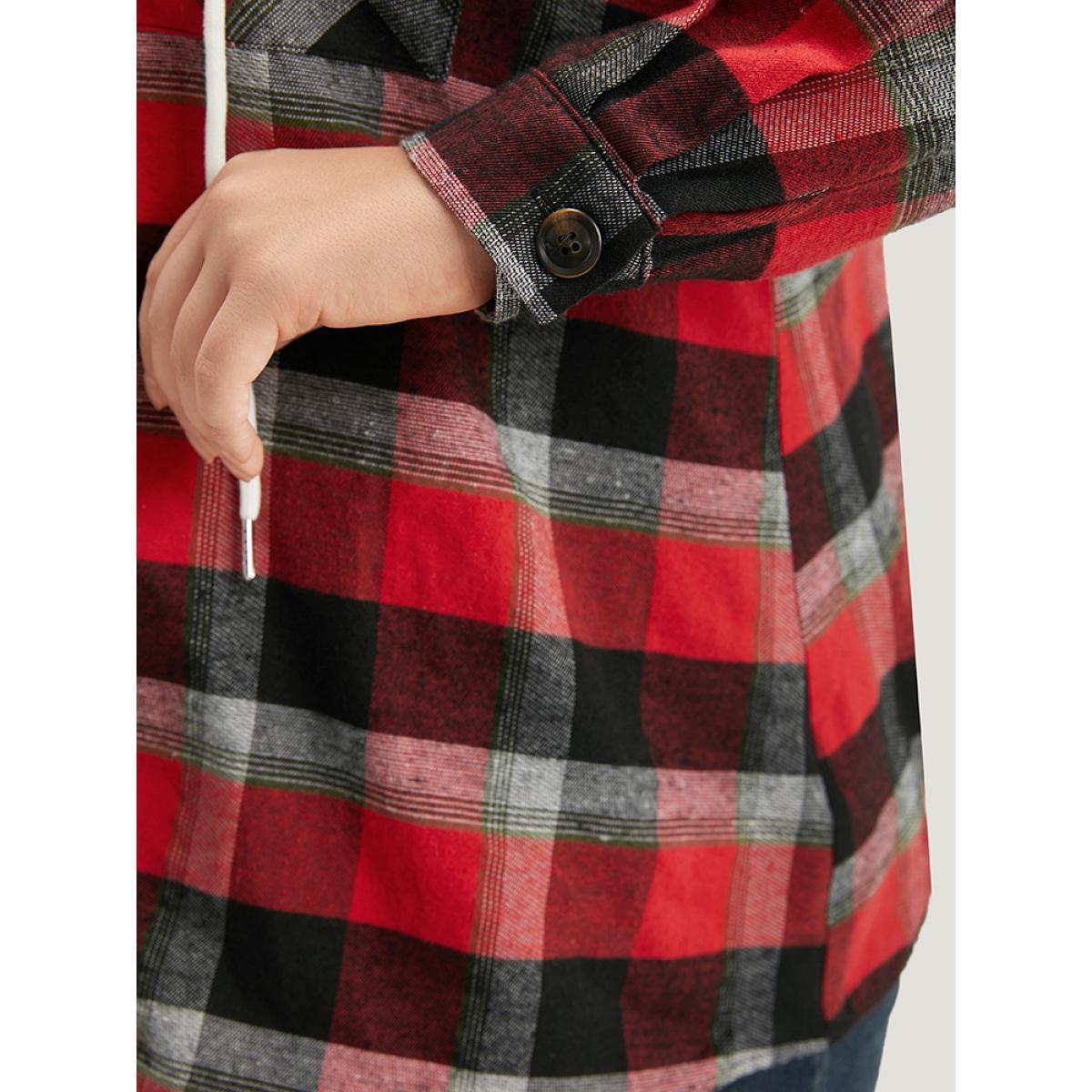Plus Size Plaid Patchwork Hooded Drawstring Button Through Jacket Women Red Dailywear Jackets BloomChic 26/4X Product Image
