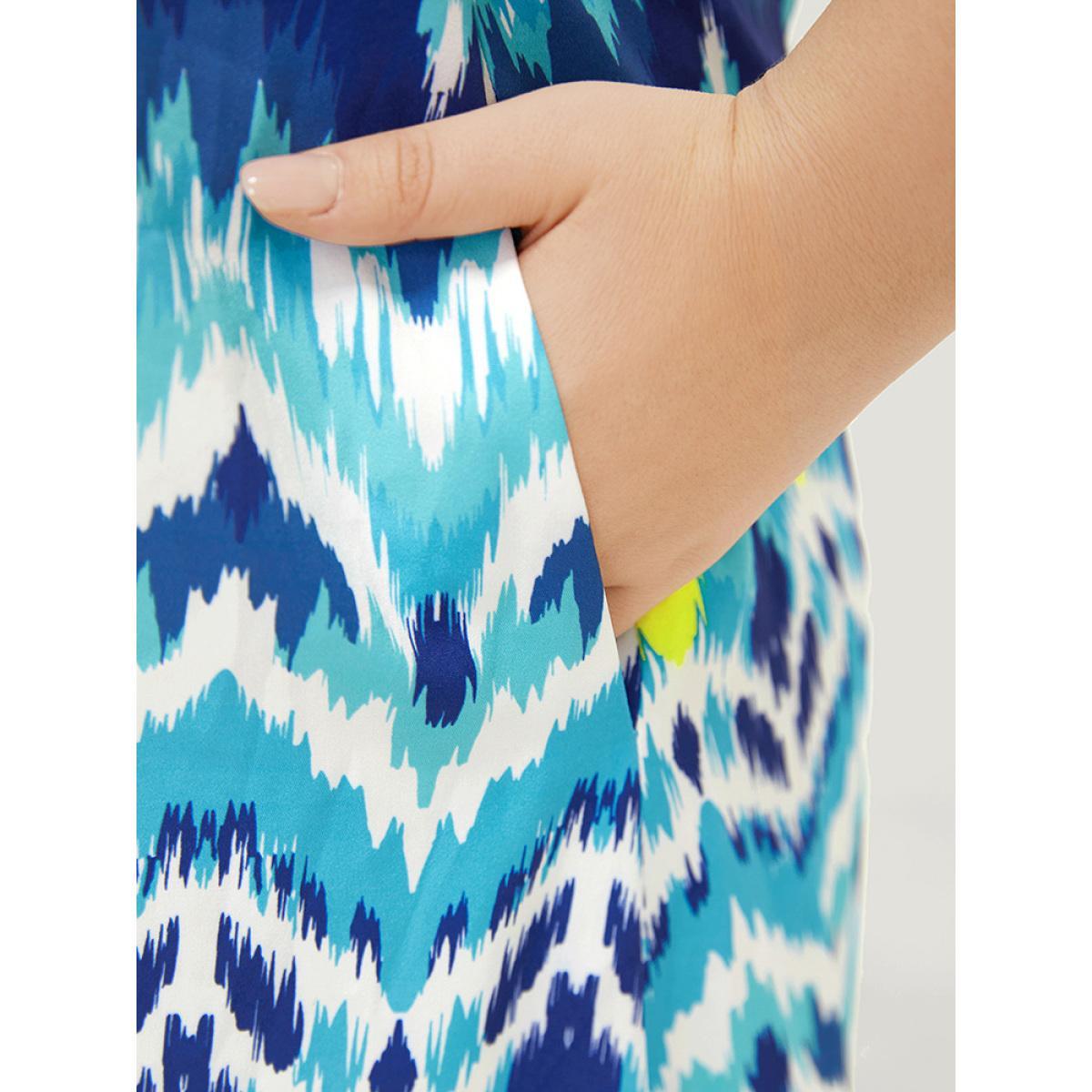 Plus Size Bandana Geometric Ruffles Hem Pocket Spaghetti Strap Dress LightBlue Women Vacation Spaghetti Strap Sleeveless Curvy Midi Dress BloomChic 30/6X Product Image