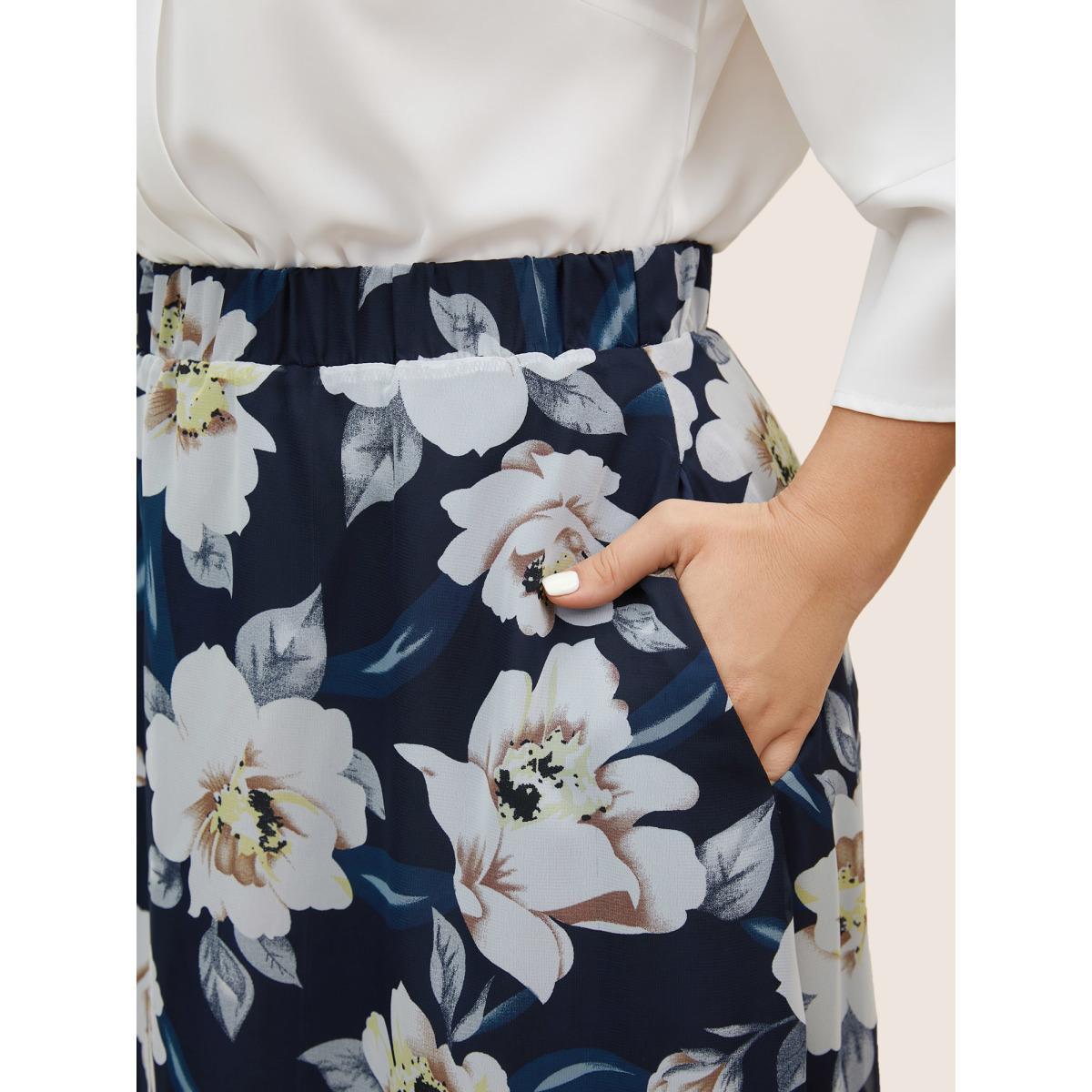 Plus Size Chiffon Mesh Floral Elastic Waist Skirt Women Navy Elegant See through No stretch Side seam pocket Everyday Skirts BloomChic 12/L Product Image