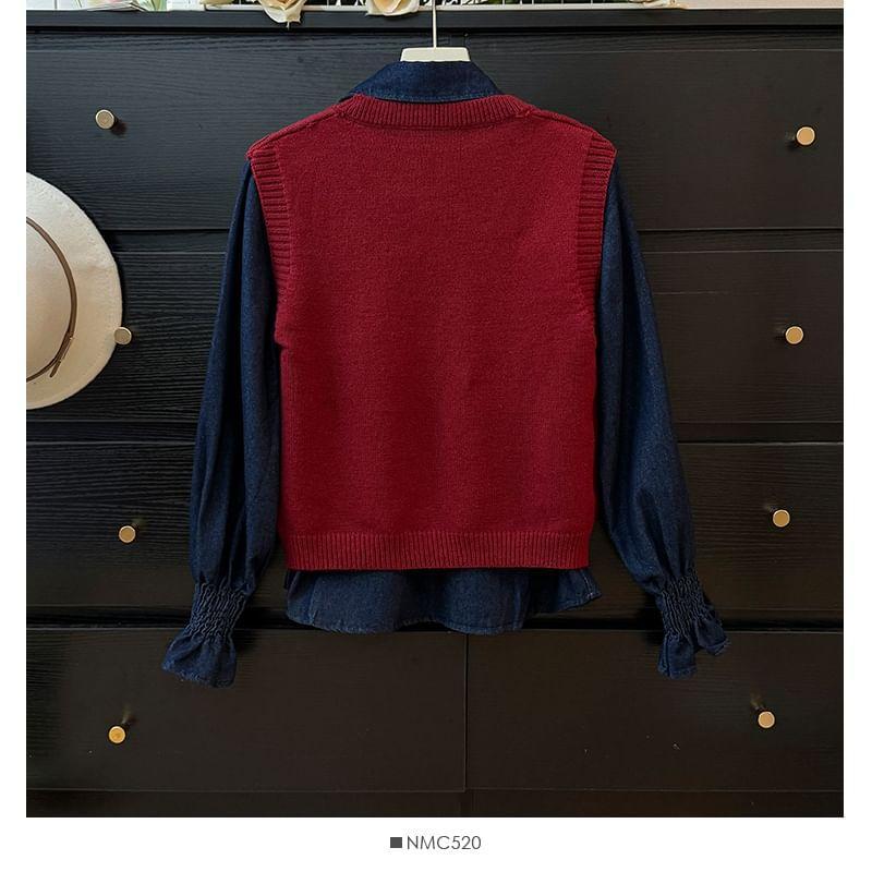 Set: Bow-Print Knit Vest + Denim Shirt Product Image