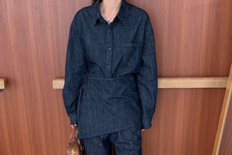 Set: Long-Sleeve Plain Shirt + High Rise Loose Fit Jeans Product Image
