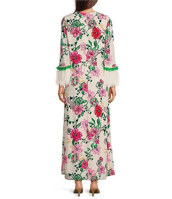 Lilly Pulitzer Nathalia Printed Silk Crew Neck 3/4 Sleeve Faux Feather Trim Maxi Dress Product Image