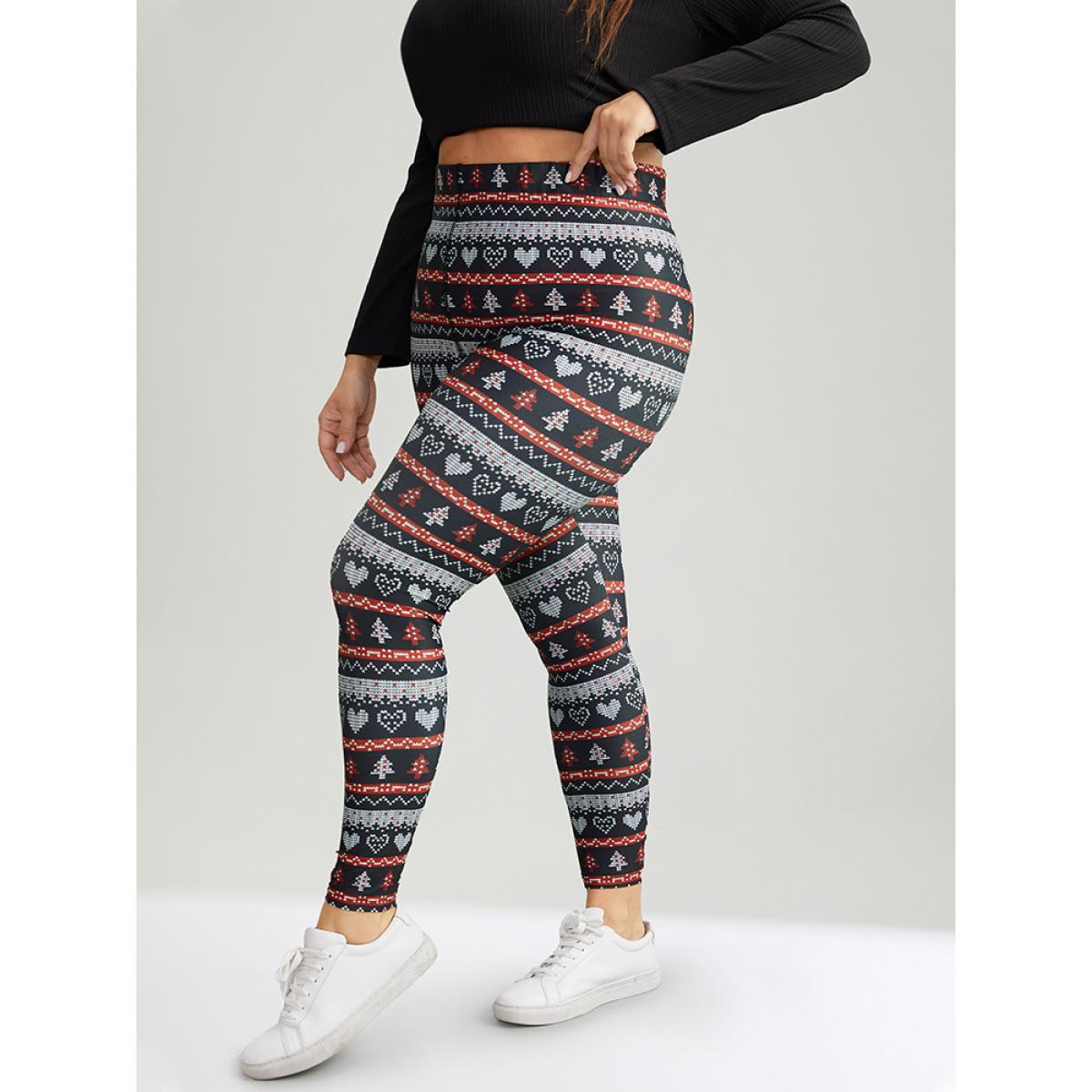 Plus Size Christmas Print Mid Rise Skinny Leggings Women BlackFlower Casual High stretch Skinny Mid Rise Festival-Christmas Leggings BloomChic 26/4X Product Image
