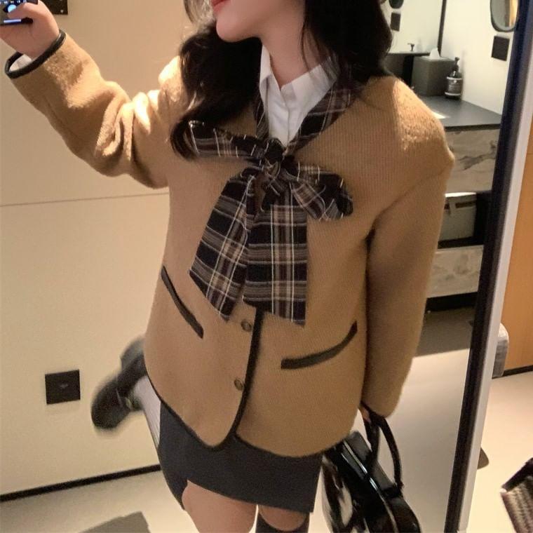 Tie-Neck Plaid Panel Contrast Trim Button-Up Jacket Product Image