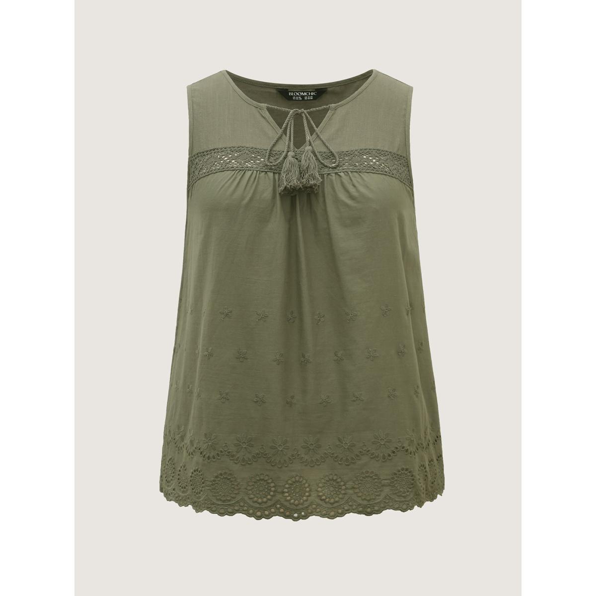 Plus Size Cotton Eyelet Embroidered Flowy Tank Top Women ArmyGreen Woven ribbon&lace trim Notched collar Vacation Tank Tops Camis BloomChic 30/6X Product Image