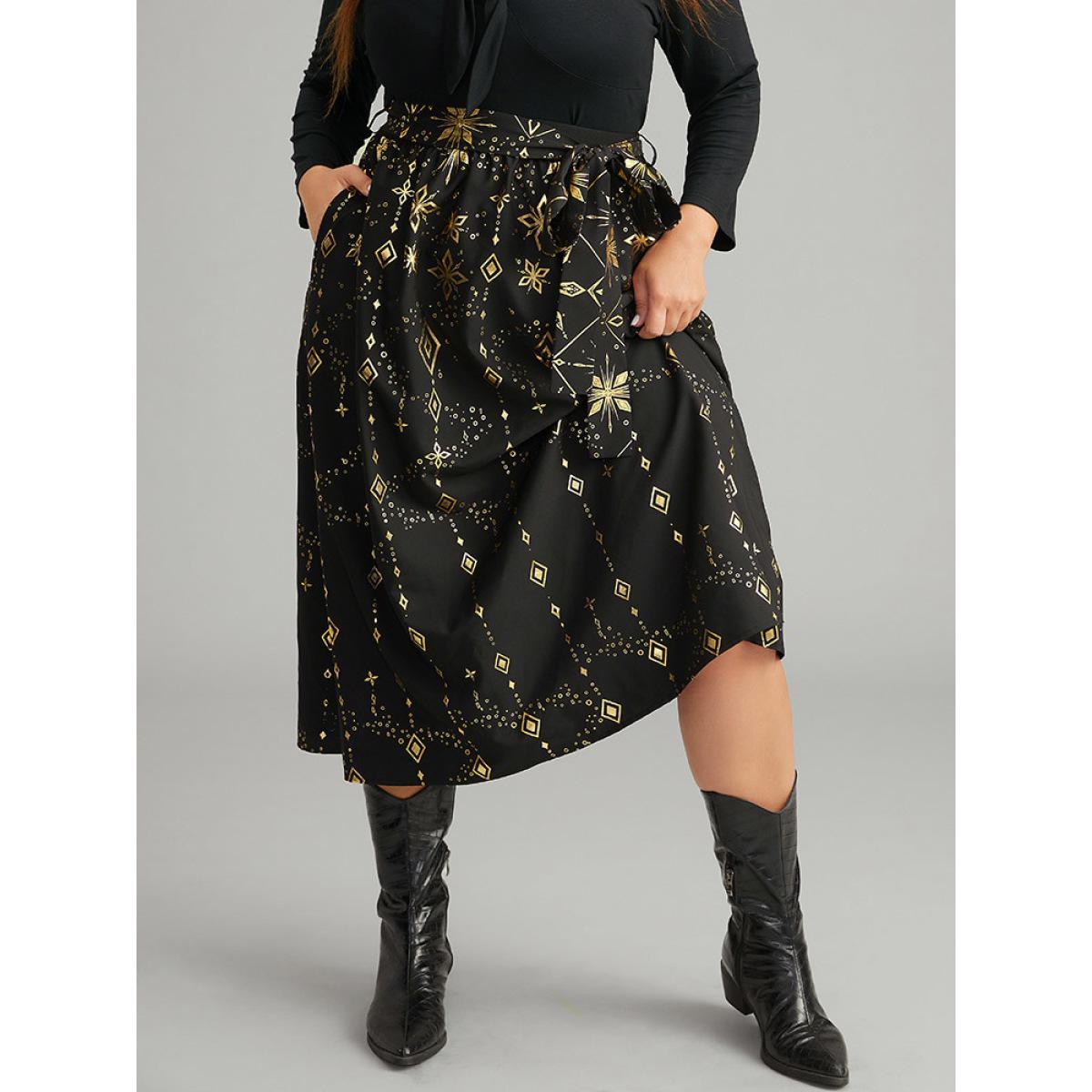 Plus Size Halloween Glitter Geometric Belted Pocket Skirt Women Black Elegant A-line No stretch Pocket Belt Festival-Halloween Skirts BloomChic 18-20/2X Product Image