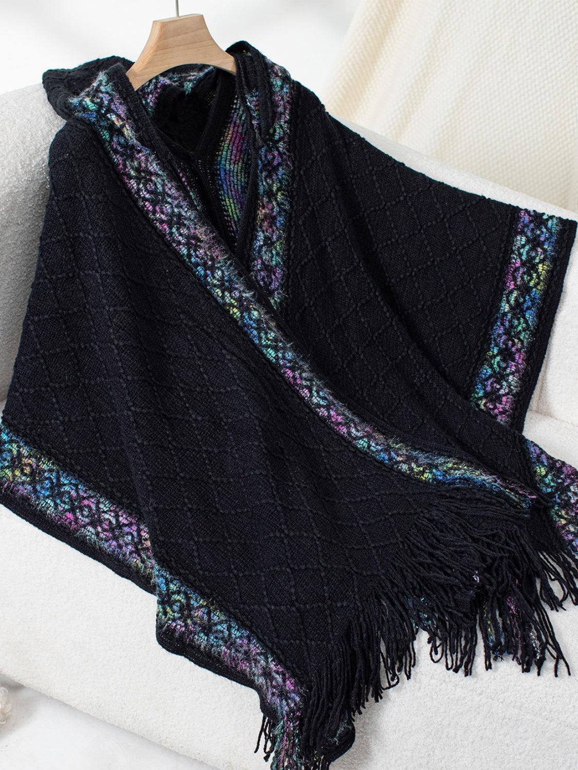 Fringe Half Sleeve Hooded Poncho Product Image