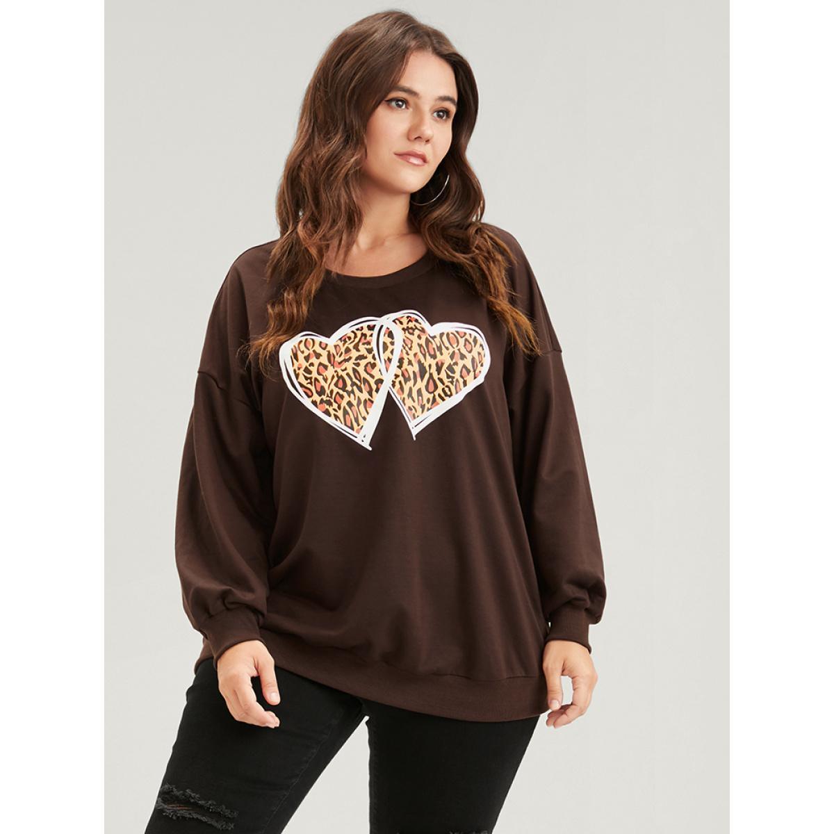 Plus Size Heart & Leopard Print Drop Shoulder Sweatshirt Women DarkBrown Casual Plain Round Neck Dailywear Sweatshirts BloomChic 18-20/2X Product Image