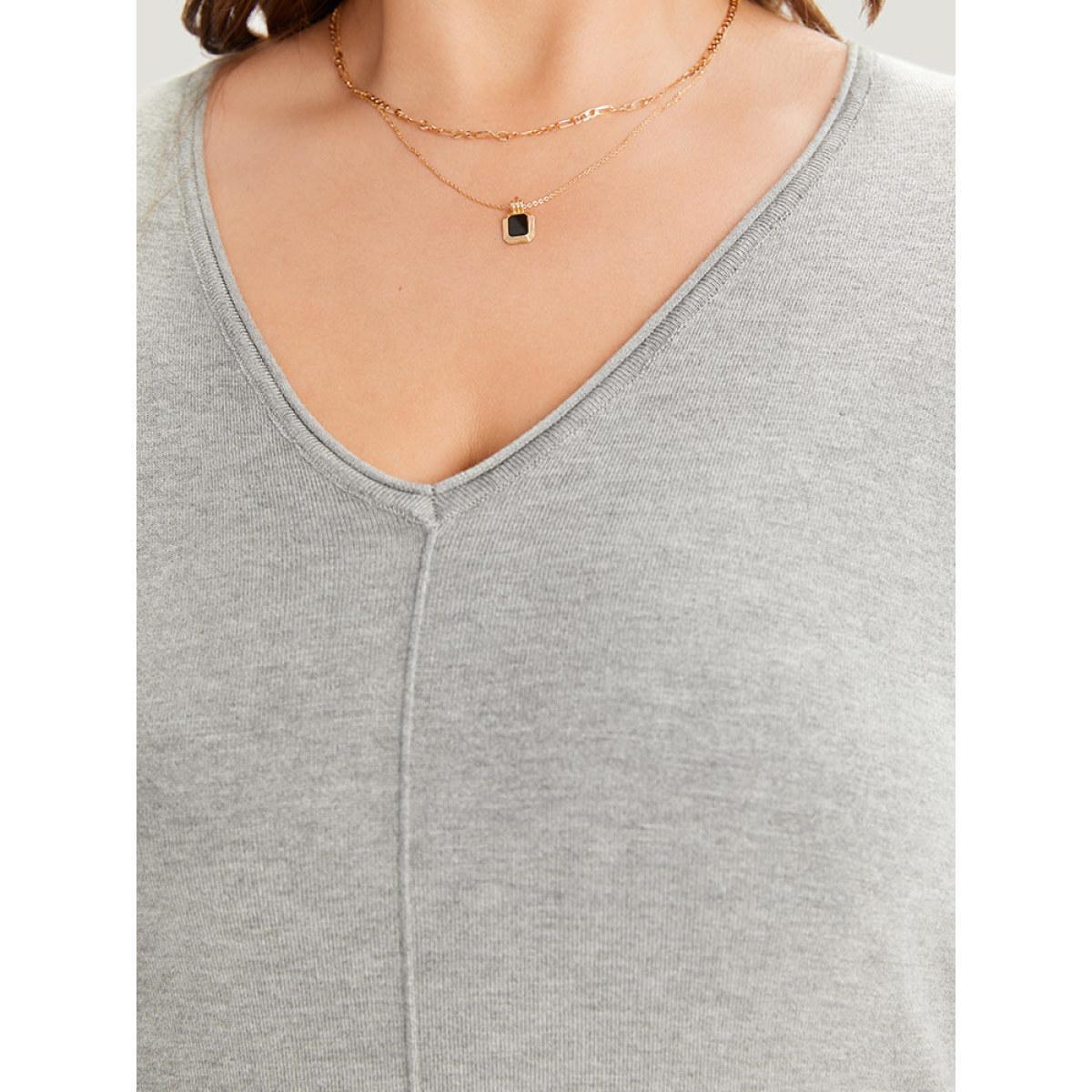 Plus Size Supersoft Essentials Plain Patchwork Split Side Pullover LightGray Women Casual Loose Long Sleeve V-neck Everyday Pullovers BloomChic 14-16/1X Product Image