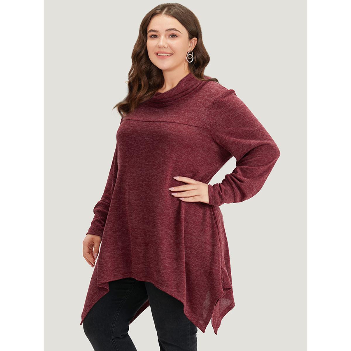 Plus Size Solid Turtleneck Pocket Hanky Hem Sweatshirt Women Scarlet Elegant Elastic cuffs Overlap Collar Dailywear Sweatshirts BloomChic 14-16/1X Product Image