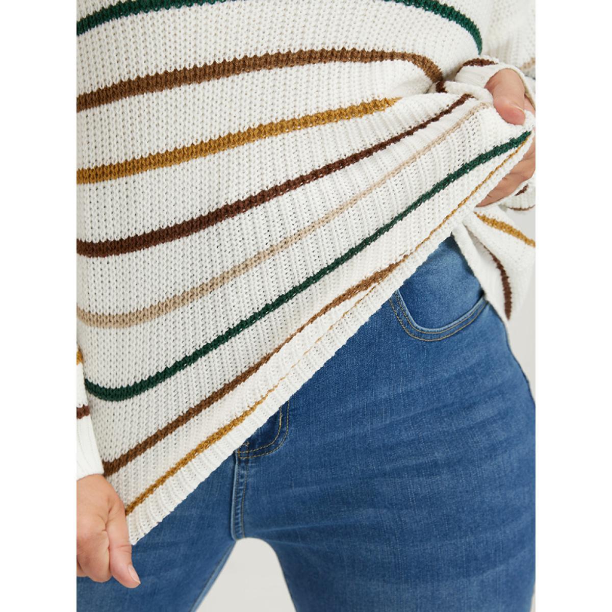 Plus Size Striped Contrast Pointelle Knit V Neck Knit Top White Women Elegant Loose Long Sleeve V-neck Dailywear Pullovers BloomChic 22-24/3X Product Image