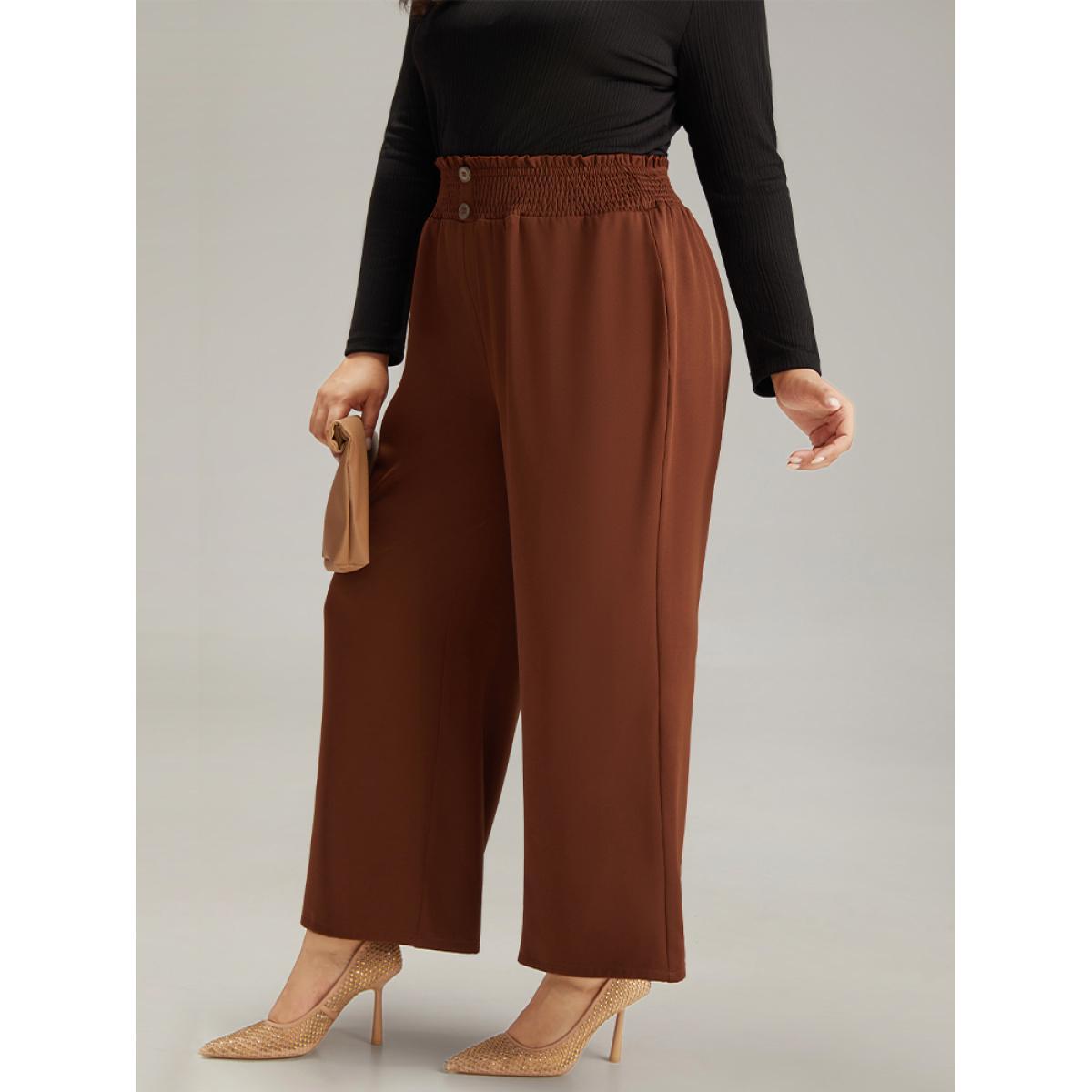 Plus Size Paperbag Waist Button Detail Shirred Pants Women Rust Office Wide Leg High Rise Work Pants BloomChic 26/4X Product Image