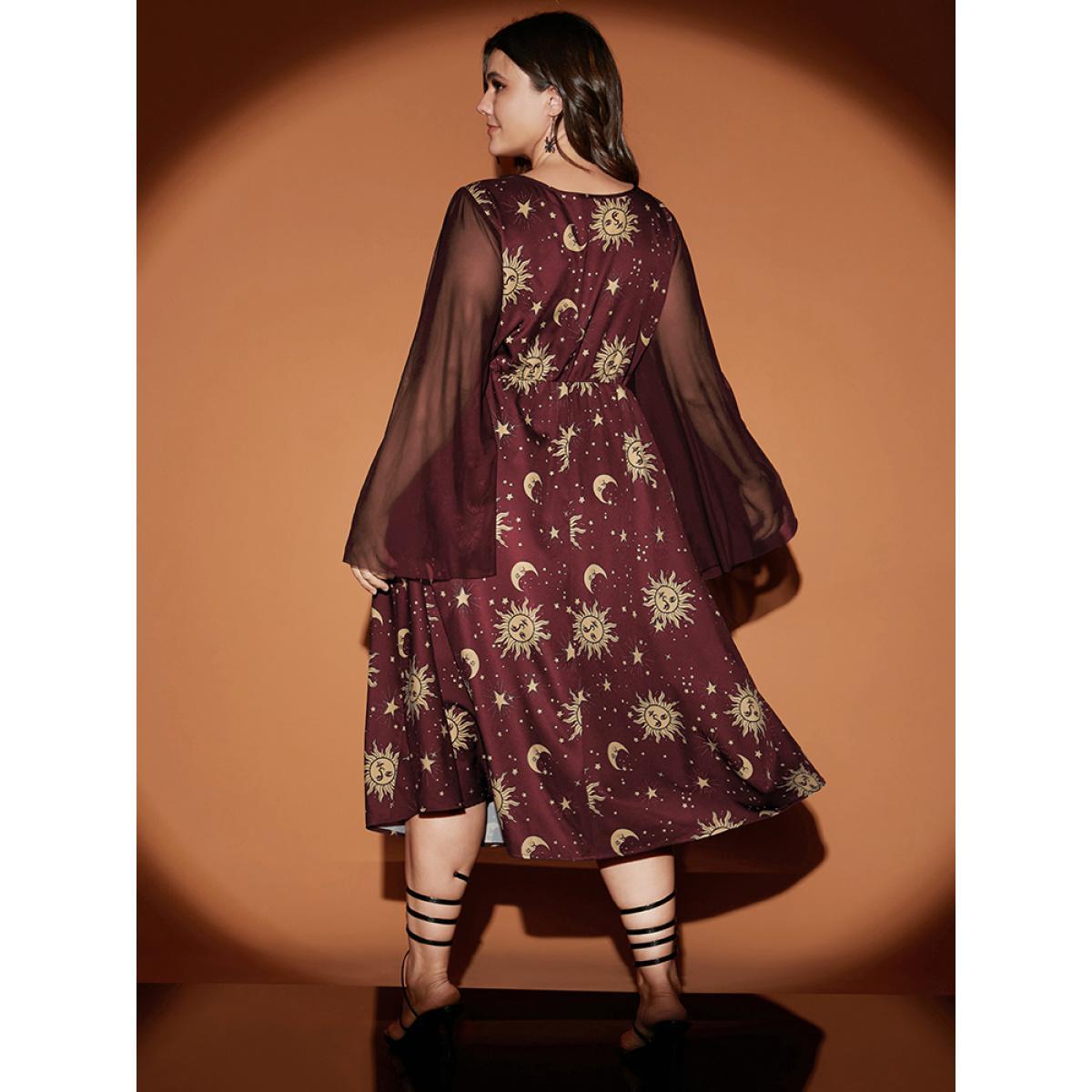 Plus Size Halloween Moon And Star Bell Sleeve Pocket Crew Neck Midi Dress Burgundy Women Elegant Patchwork Round Neck Long Sleeve Curvy Midi Dress BloomChic 22-24/3X Product Image