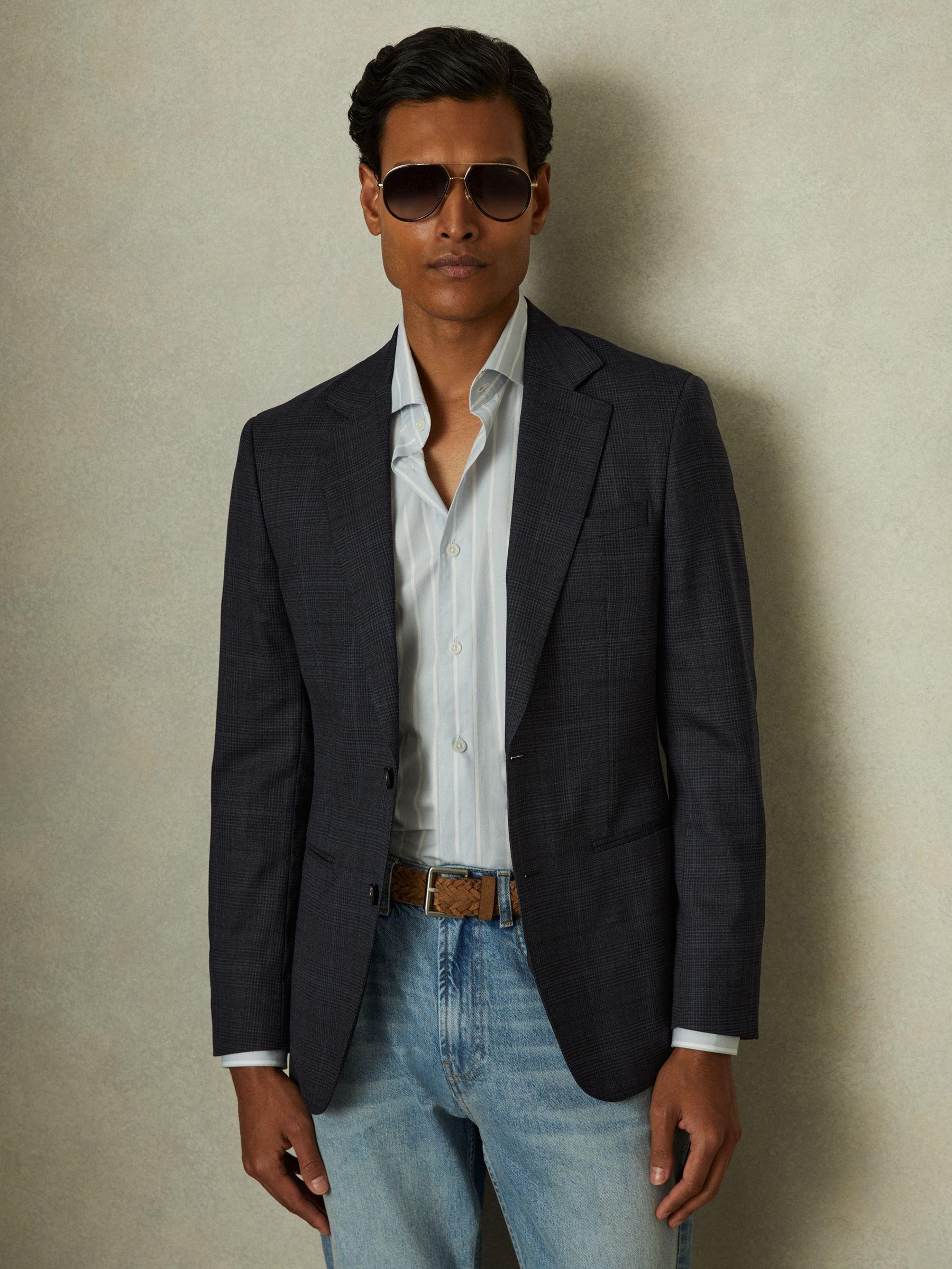 Single-Breasted Wool Blend Blazer in Prince of Wales Check in Navy Product Image