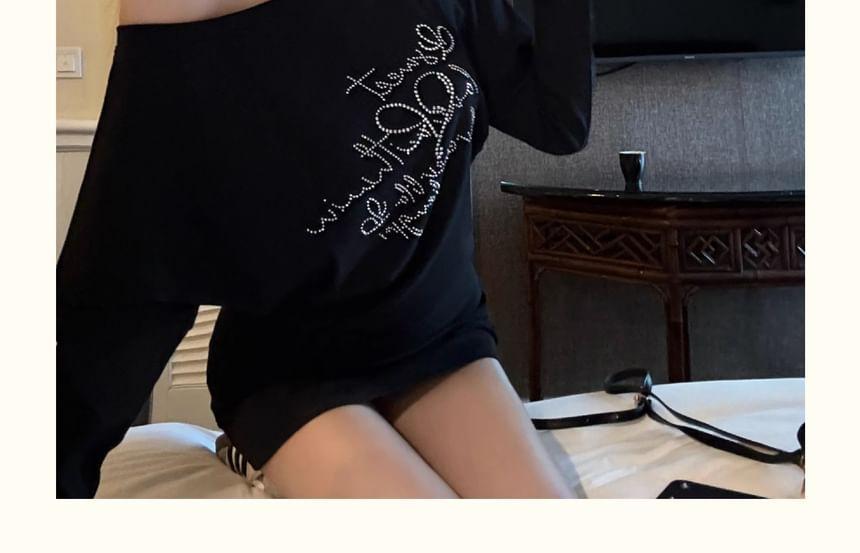 Long Sleeve Cold-Shoulder Lettering Rhinestone Mini Bodycon Dress Product Image
