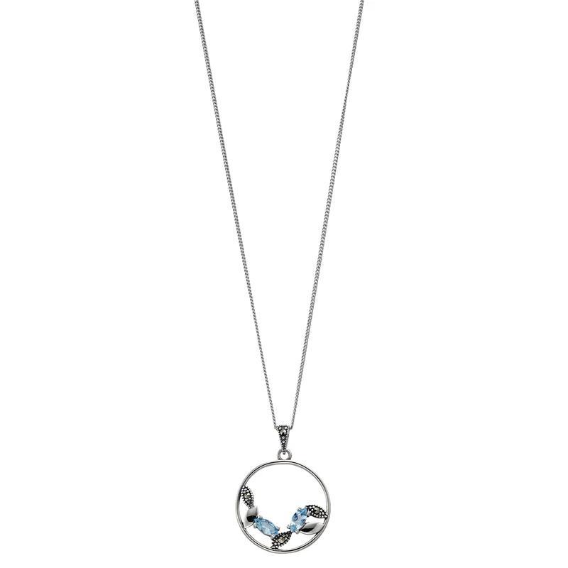Tori Hill Sterling Silver Blue Topaz & Marcasite Round Pendant Necklace, Womens Product Image