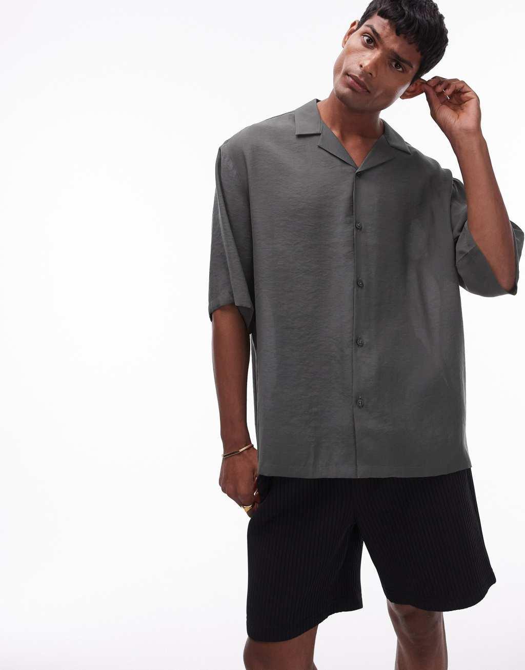 Topman short sleeve relaxed satin shirt in khaki Product Image