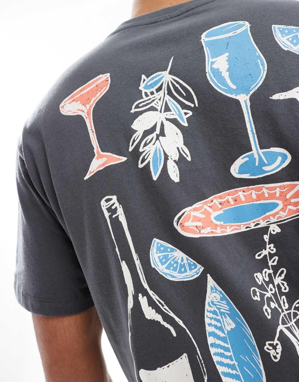 Jack & Jones oversized t-shirt with dinner party print in dark gray Product Image