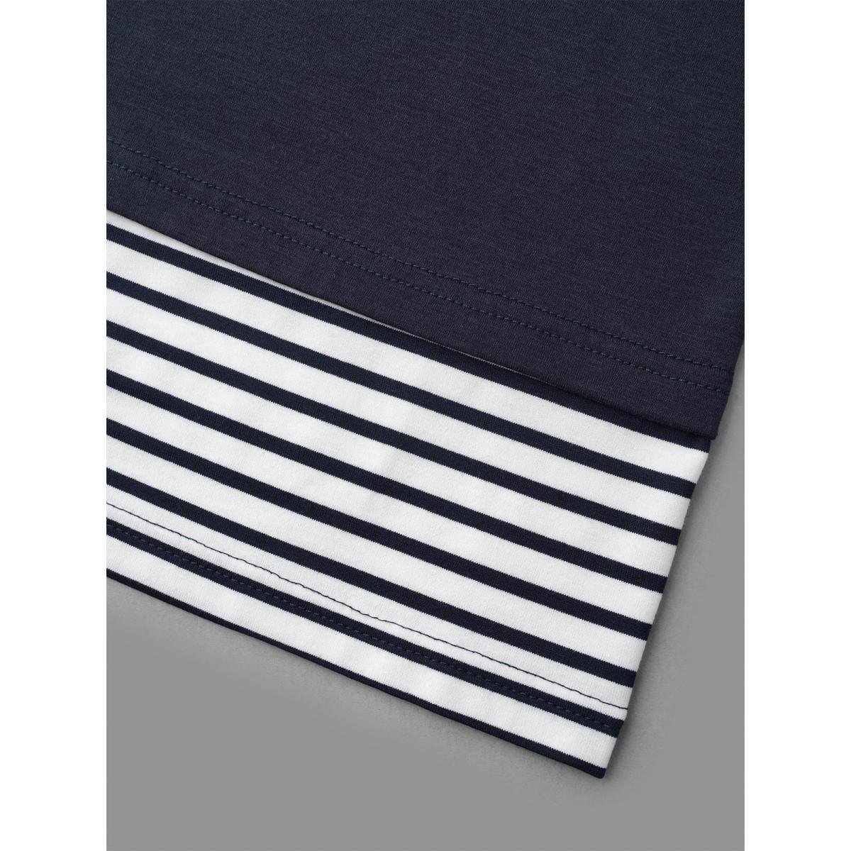 Plus Size Boat Neck Striped Patchwork T-Shirt Indigo Women Casual Contrast Boat Neck Everyday T-shirts BloomChic 30/6X Product Image