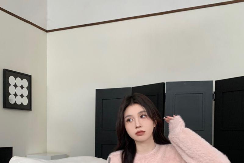 Crew Neck Plain Fluffy Midi Sweater Dress Product Image