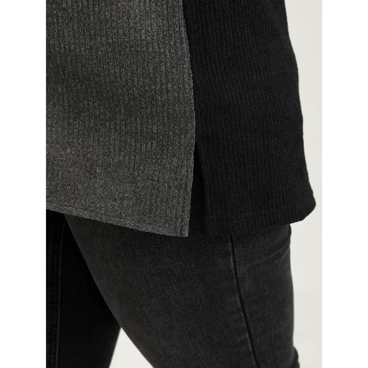 Plus Size Colorblock Contrast Button Detail Rib Knit Sweatshirt Women Black Elegant Patchwork V-neck Dailywear Sweatshirts BloomChic 18-20/2X Product Image