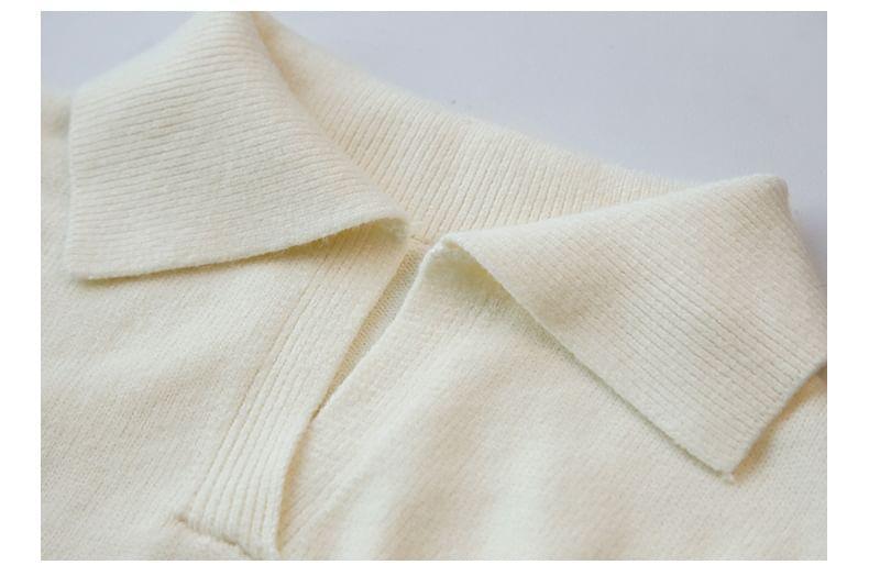 Long Sleeve Collared V-Neck Plain Midi Sweater Dress Product Image