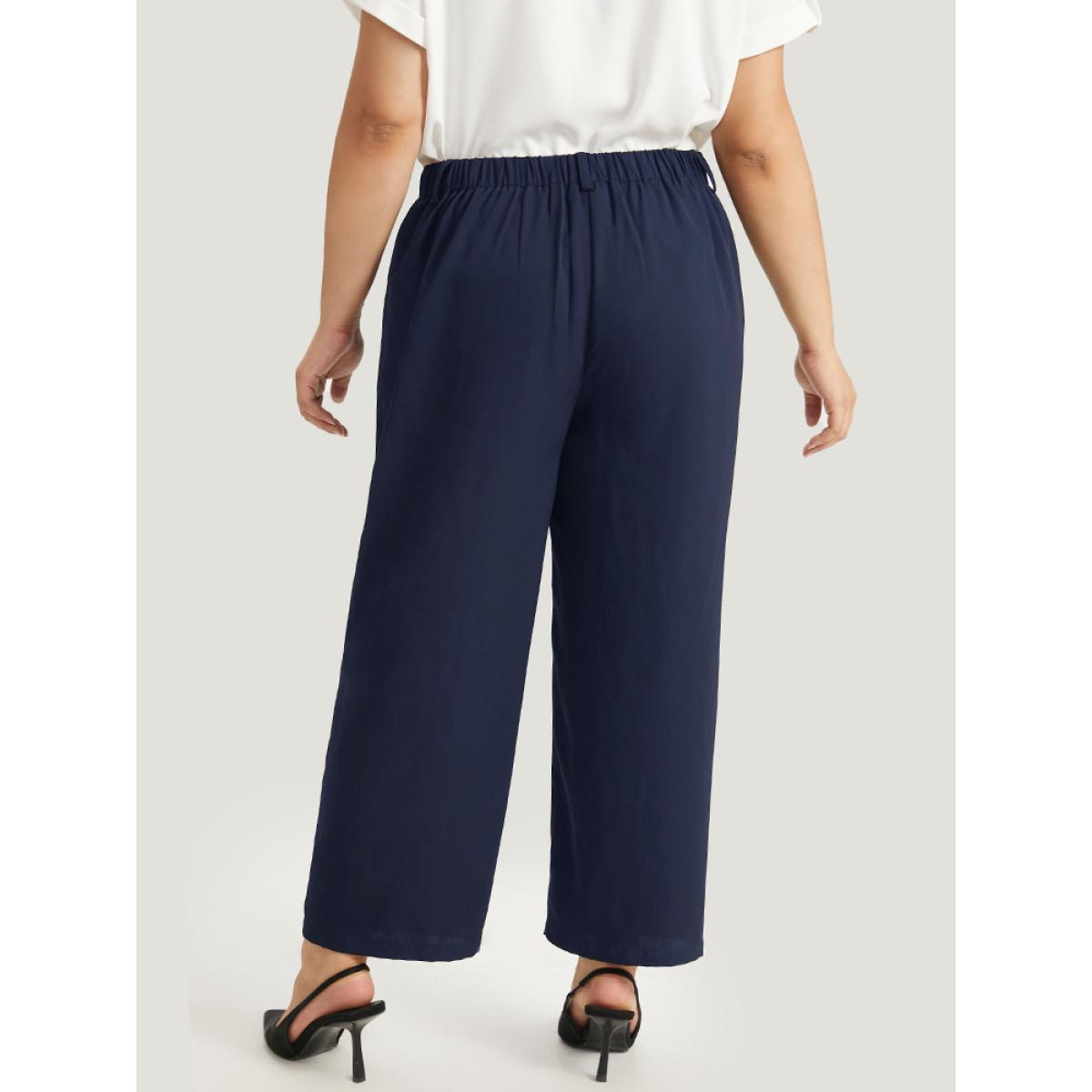 Plus Size Plain Pocket Elastic Waist High Rise Pants Women Black Office Straight Leg High Rise Work Pants BloomChic 26/4X Product Image
