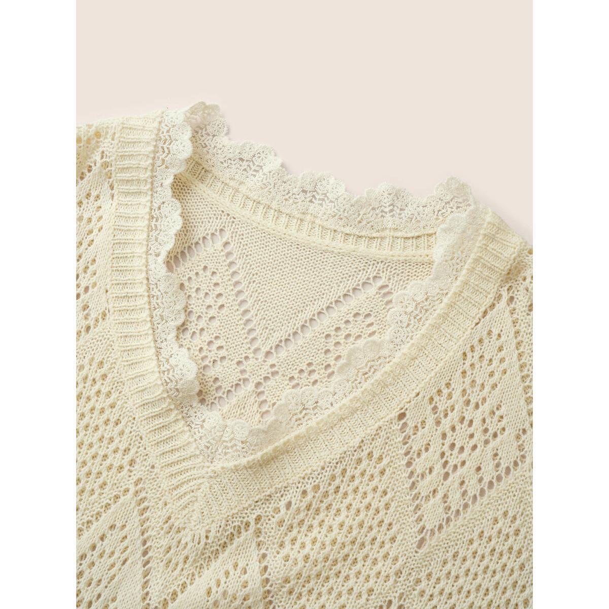 Plus Size Geometric Hollow Out Mesh Lace Panel Pullover Apricot Women Elegant Long Sleeve V-neck Everyday Pullovers BloomChic 28/5X Product Image