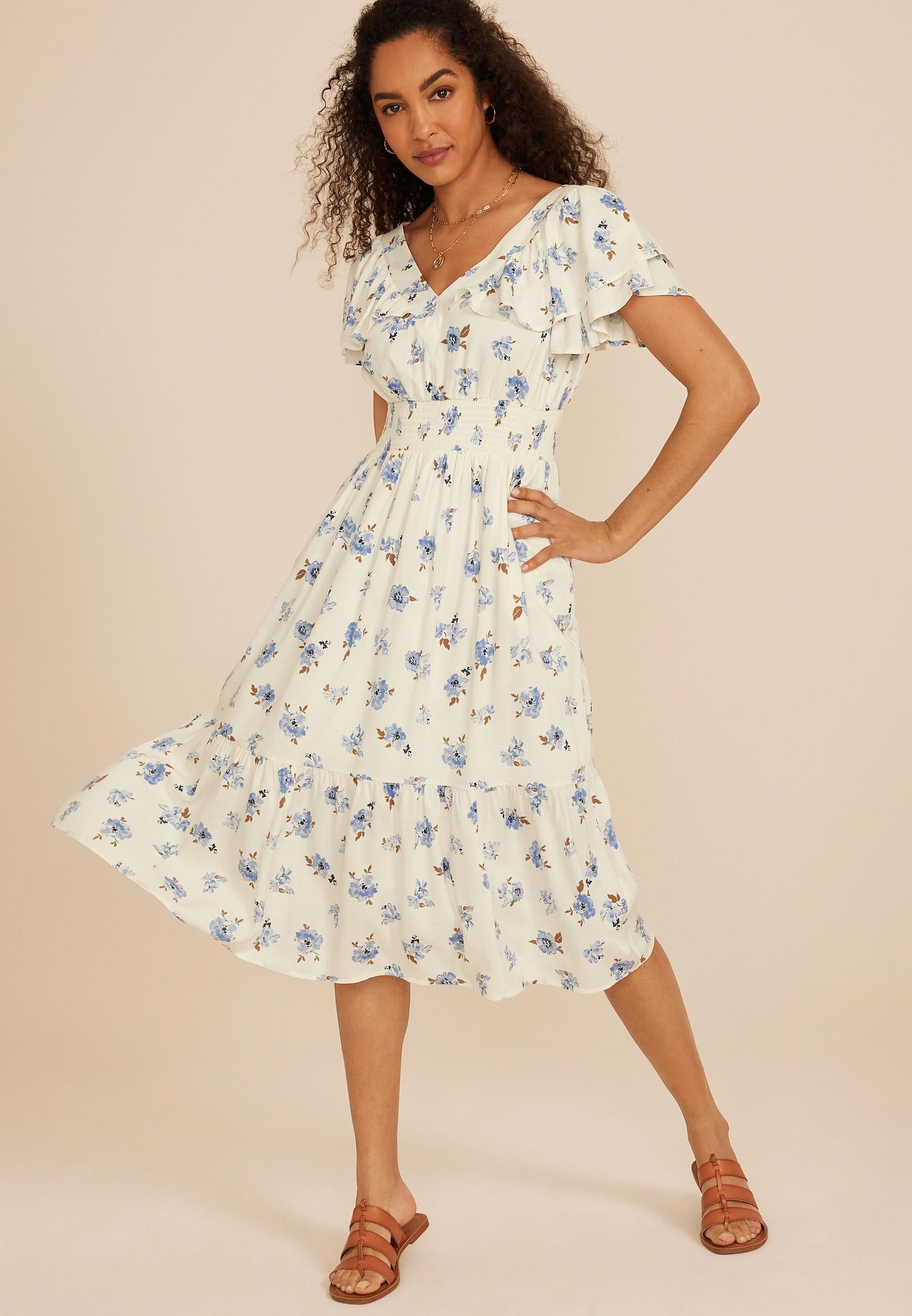 Maurices Womens Flutter Smocked Midi Dress Blue Size X Small Product Image