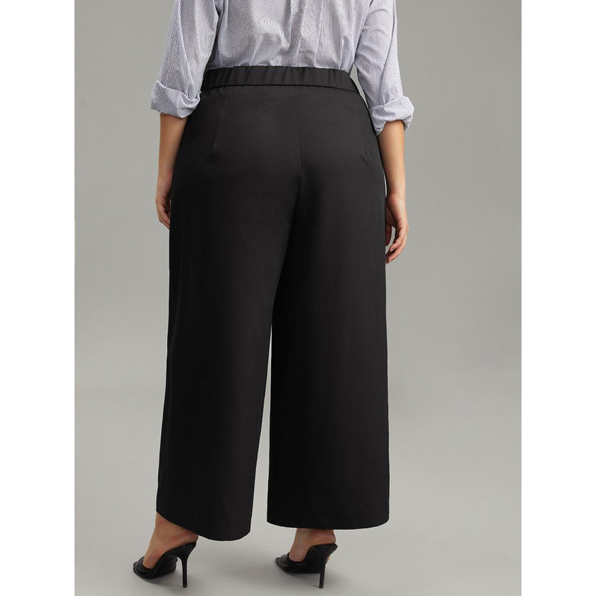 Plus Size Solid Button Detail Wide Leg Pants Women Black Workwear Essentials Wide Leg High Rise Work Pants BloomChic 10/M Product Image