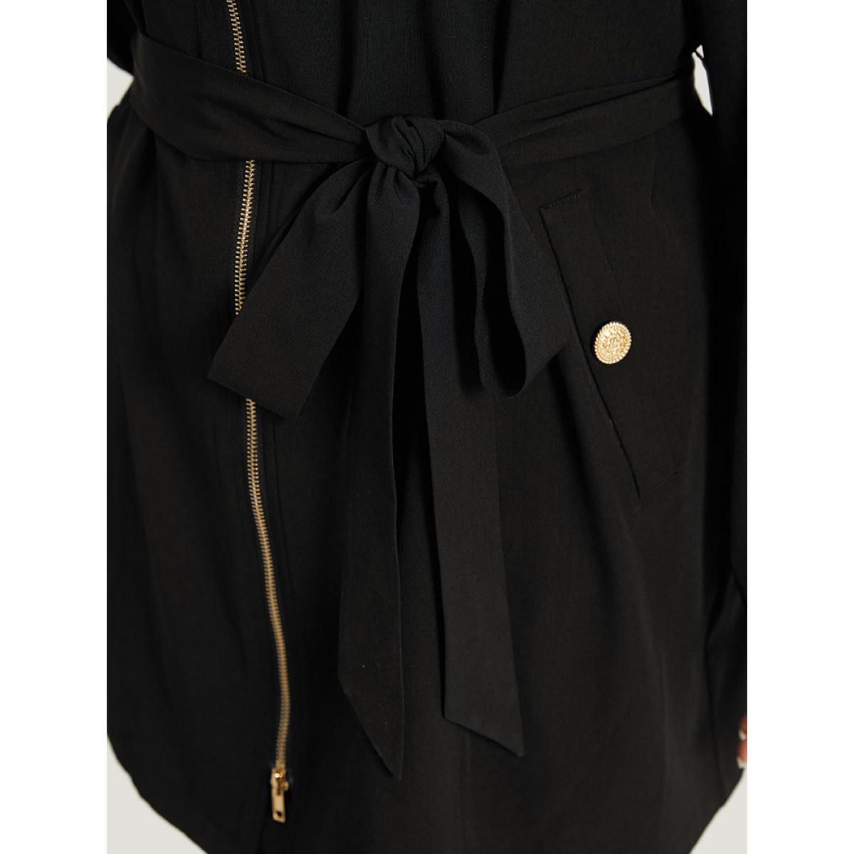 Plus Size Solid Belted Button Detail Zipper Pocket Coat Women Black Plain Pocket Belt Dailywear Jackets BloomChic 22-24/3X Product Image
