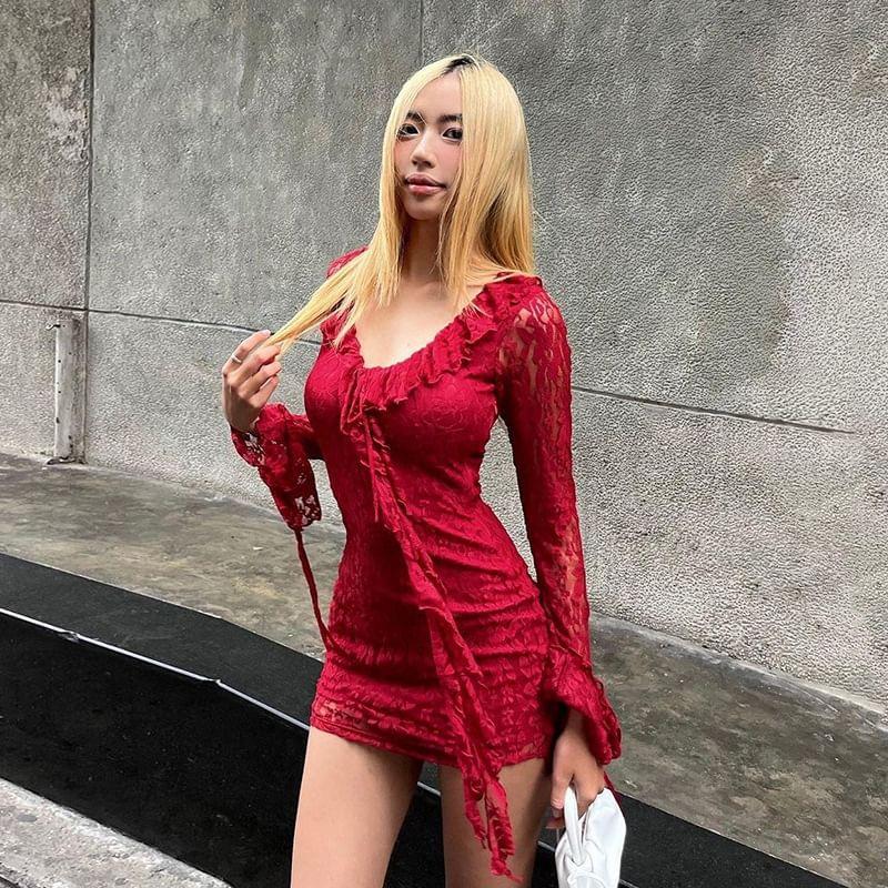 Bell Sleeve Scoop-Neck Plain Lace Ruffled-Trim Slim-Fit Mini Bodycon Dress Product Image