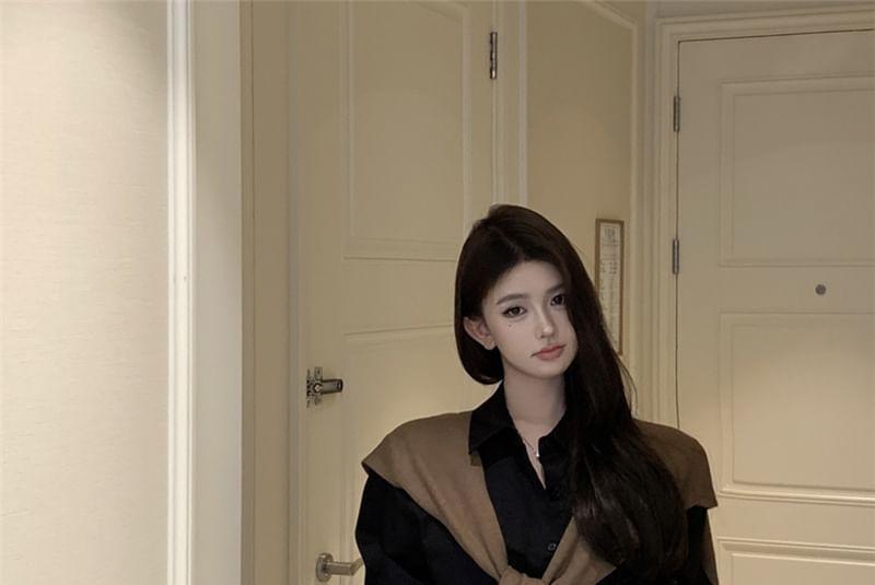 Overfit Plain Shirt / Faux-Suede Fringed Mini Skirt / Knit Shawl Product Image