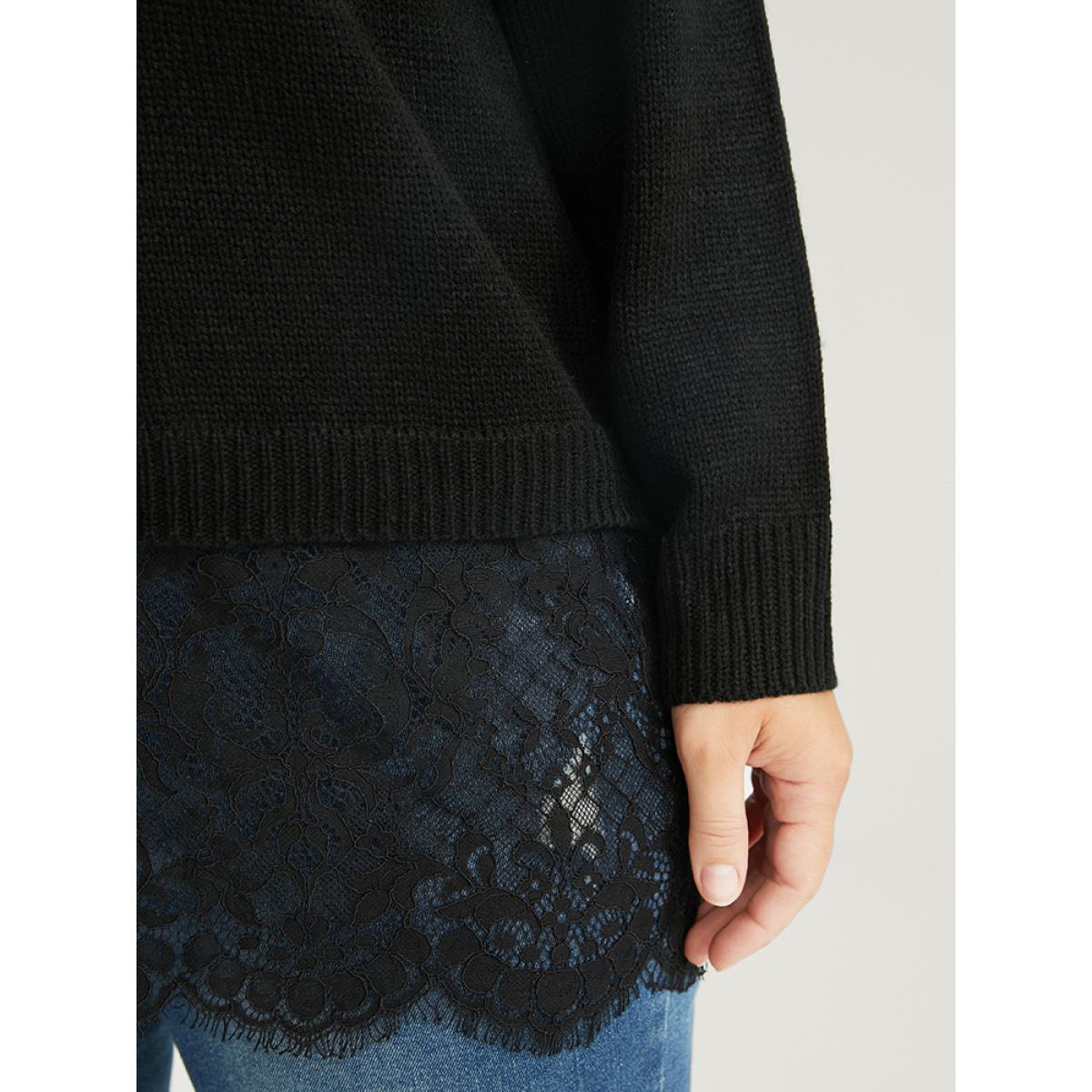 Plus Size Solid Pointelle Knit V Neck Lace Hem Knit Top Black Women Casual Long Sleeve V-neck Dailywear Pullovers BloomChic 12/L Product Image