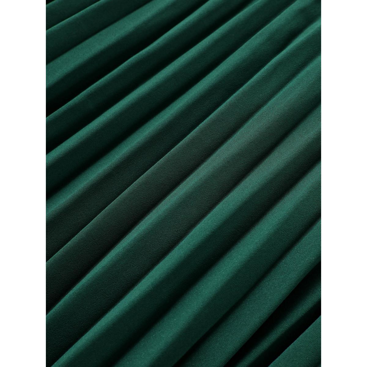 Plus Size Solid Button Detail Notched Pleated Hem Dress DarkGreen Women At the Office Non Notched collar Short sleeve Curvy Midi Dress BloomChic 18-20/2X Product Image