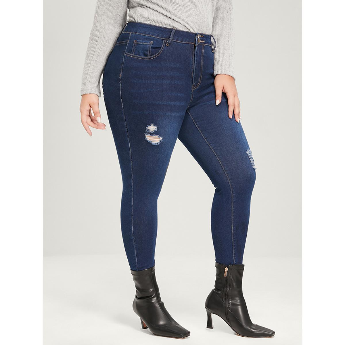 Plus Size Skinny Extremely Stretchy High Rise Dark Wash Distressed Jeans Women Blue Casual Plain Distressed High stretch Pocket Jeans BloomChic 20/2X Product Image