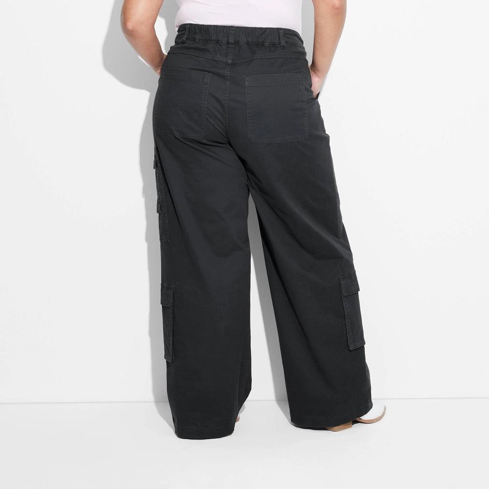 Women's Mid-Rise Straight Leg Cargo Pants - Wild Fable™ Black 1X: Elastic Waist, Pockets Product Image